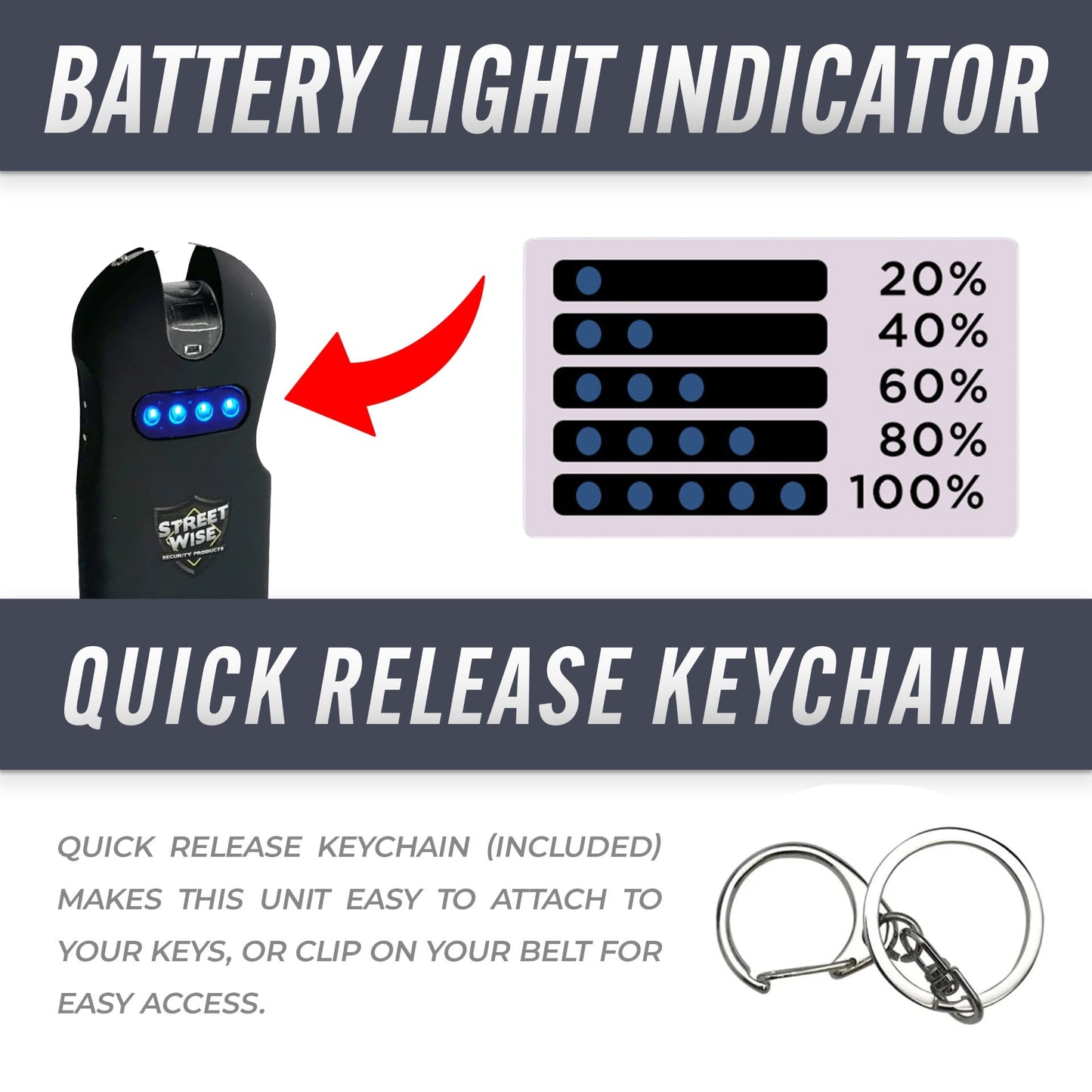 Features of SMART 24,000,000 Keychain Stun Gun - ultra-compact self-defense device with a built-in keychain attachment for convenient everyday carry, in white background.