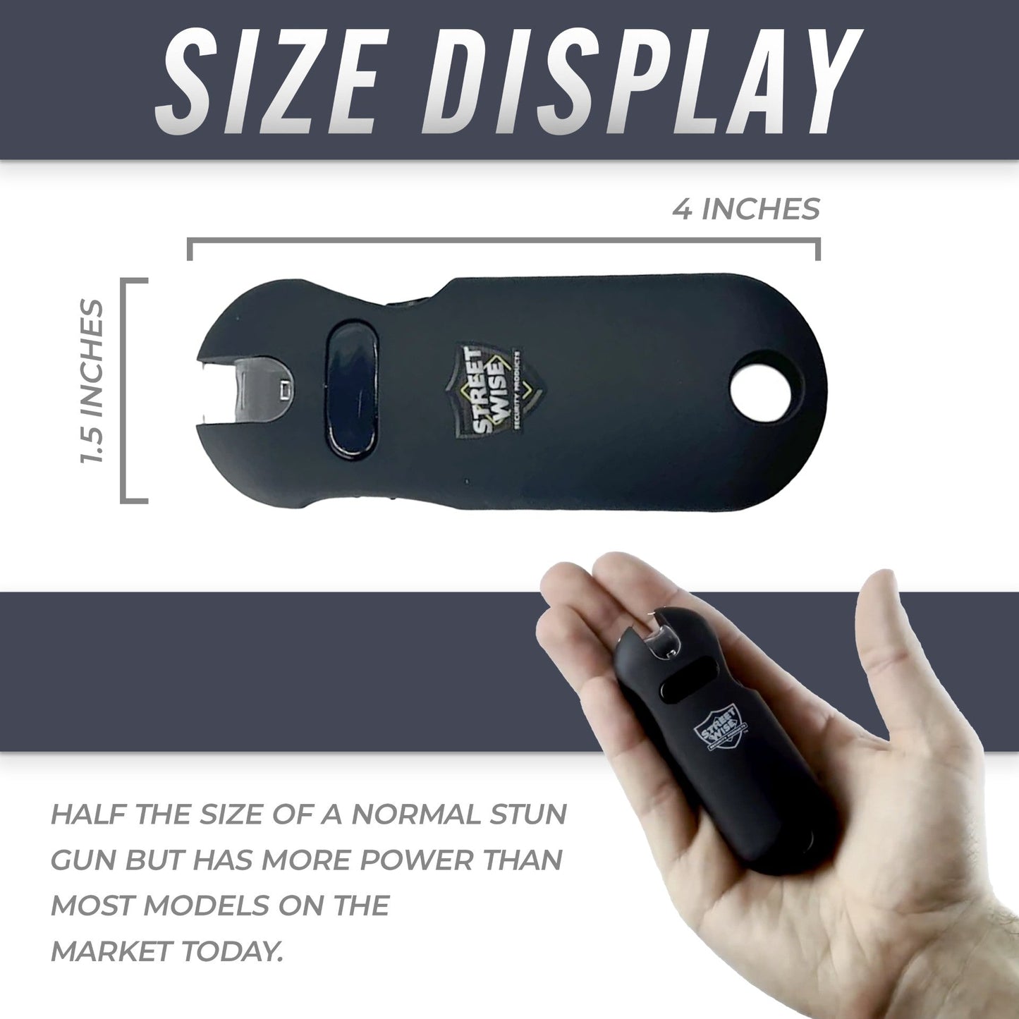 Features of SMART 24,000,000 Keychain Stun Gun - ultra-compact self-defense device with a built-in keychain attachment for convenient everyday carry, in white background.