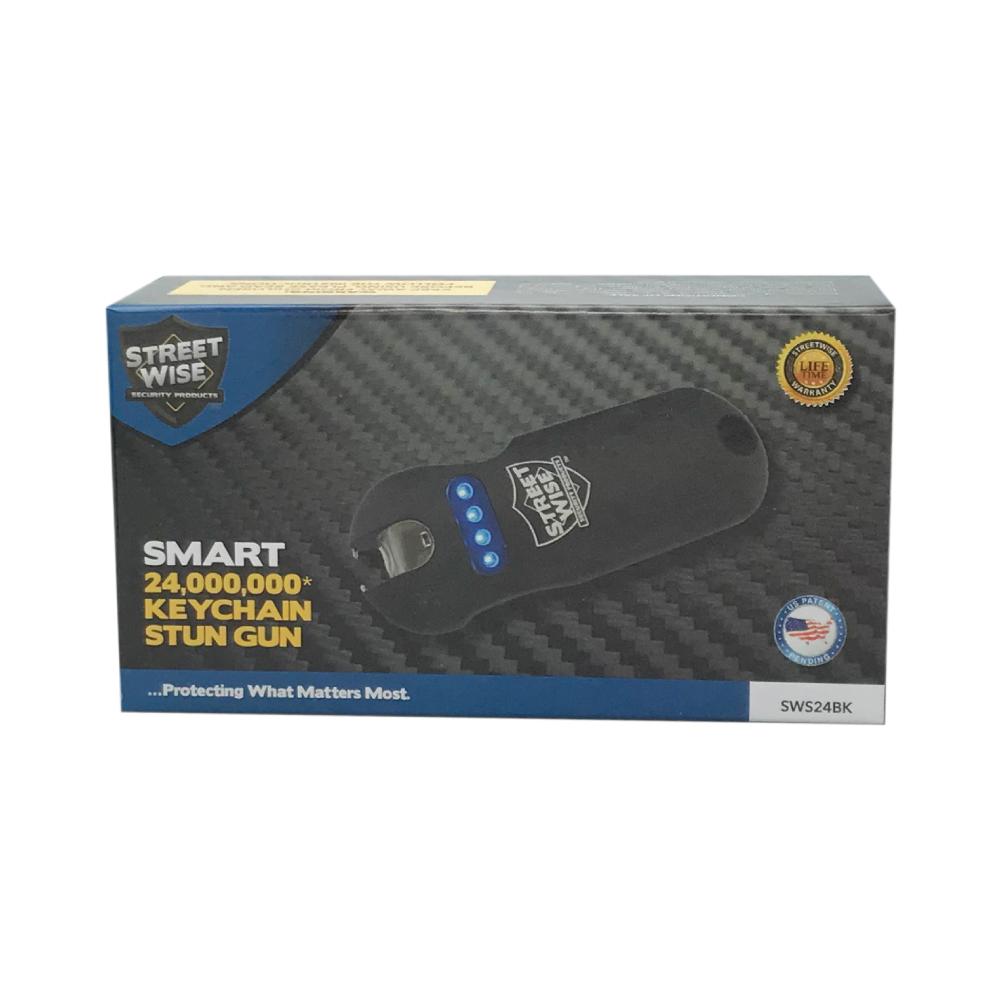 Product box for SMART 24,000,000 Keychain Stun Gun - ultra-compact self-defense device with a built-in keychain attachment for convenient everyday carry, in white background.