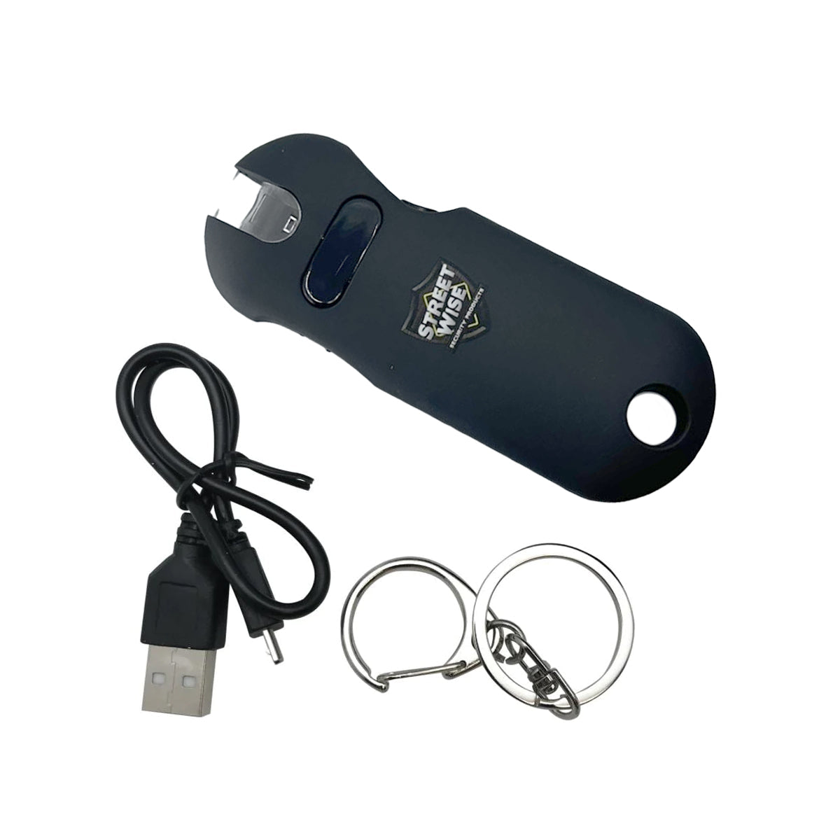 Charger and key ring for SMART 24,000,000 Keychain Stun Gun - ultra-compact self-defense device with a built-in keychain attachment for convenient everyday carry, in white background.