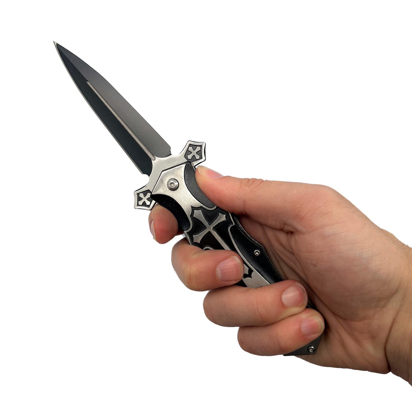 Someone holding Spring Assisted Knight Knife – folding knife featuring a 3.5" stainless steel blade, spring-assisted opening, and a 5" aluminum handle with knight-themed artwork and pocket clip, in white background.