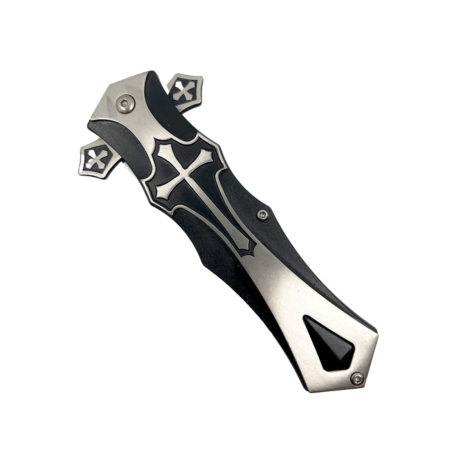 Spring Assisted Knight Knife – folding knife featuring a 3.5" stainless steel blade, spring-assisted opening, and a 5" aluminum handle with knight-themed artwork and pocket clip, in white background.