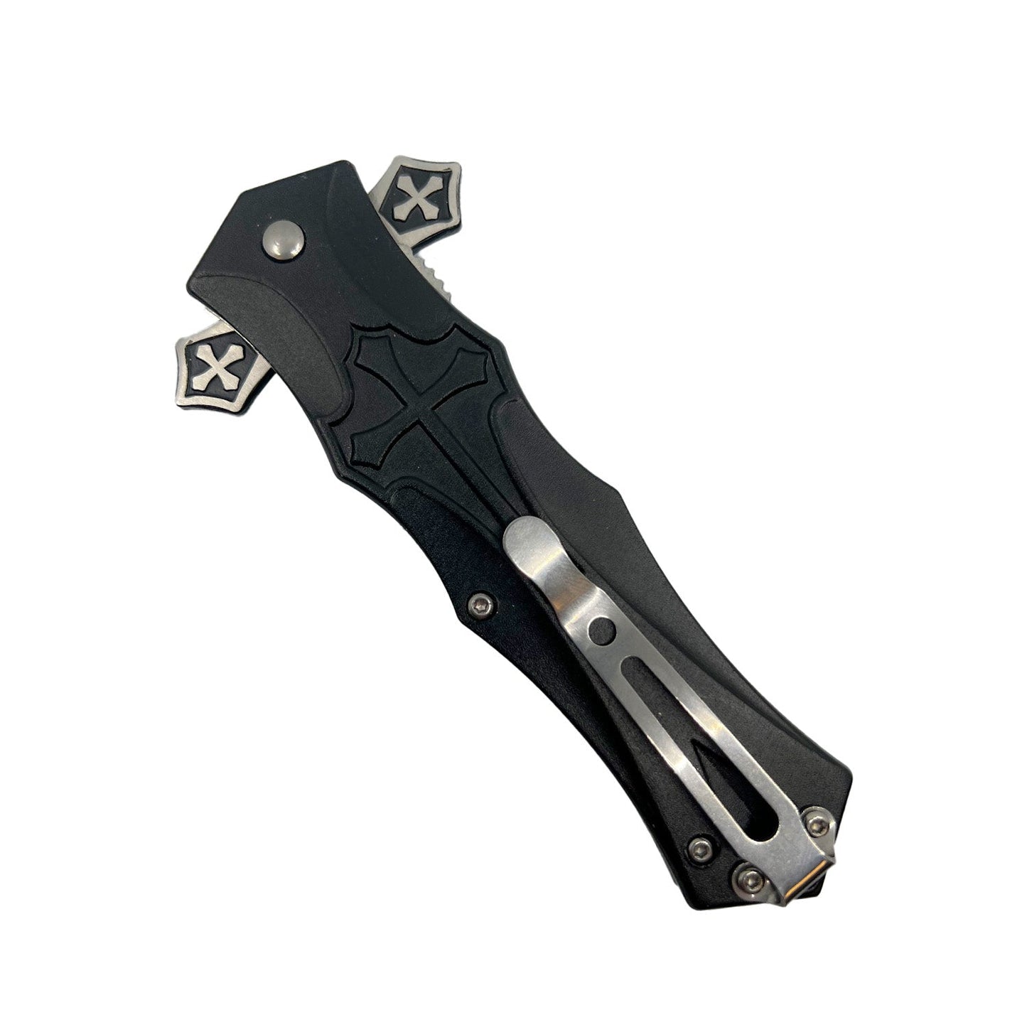 Spring Assisted Knight Knife – folding knife featuring a 3.5" stainless steel blade, spring-assisted opening, and a 5" aluminum handle with knight-themed artwork and pocket clip, in white background.