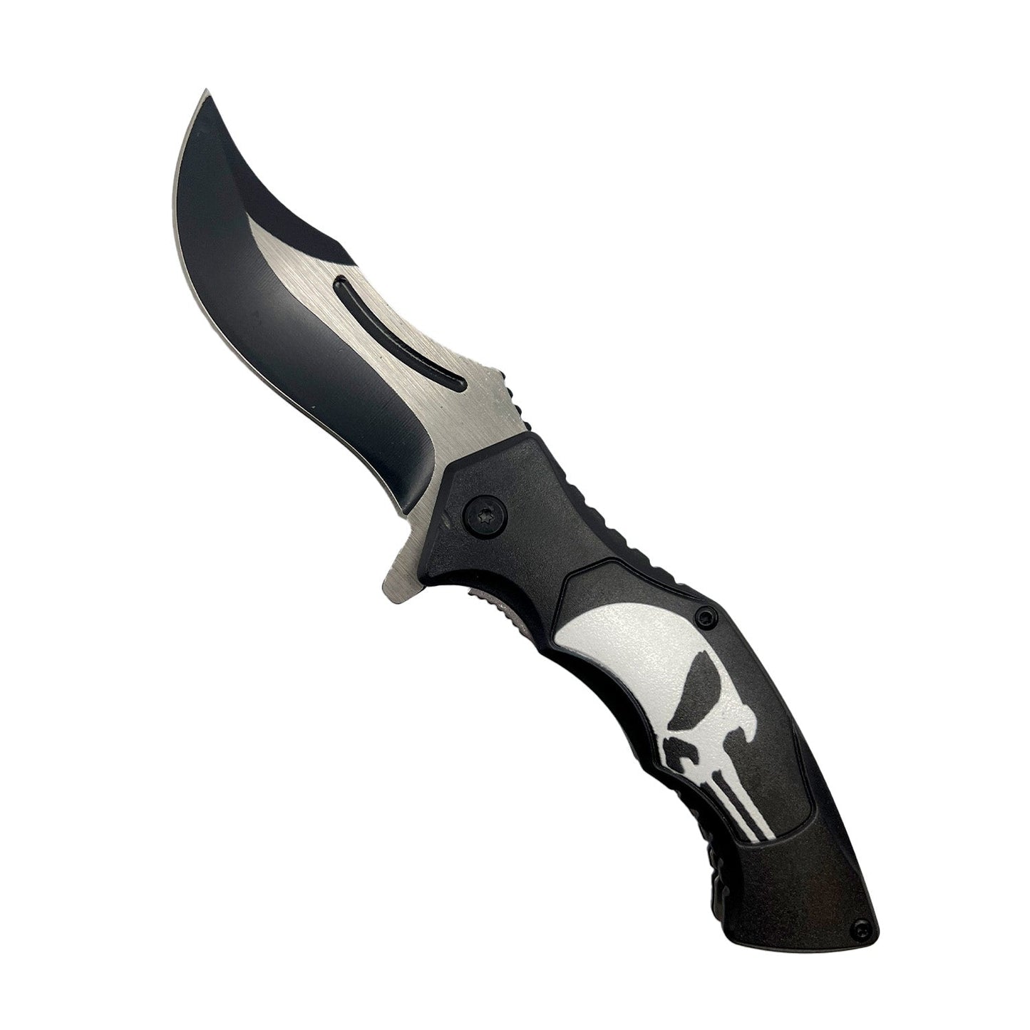 Spring Assisted Punisher Skull Knife – tactical folding knife featuring a 3.5" stainless steel blade, spring-assisted opening, and a handle adorned with a Punisher skull emblem, combining functionality with a bold design, in white background.