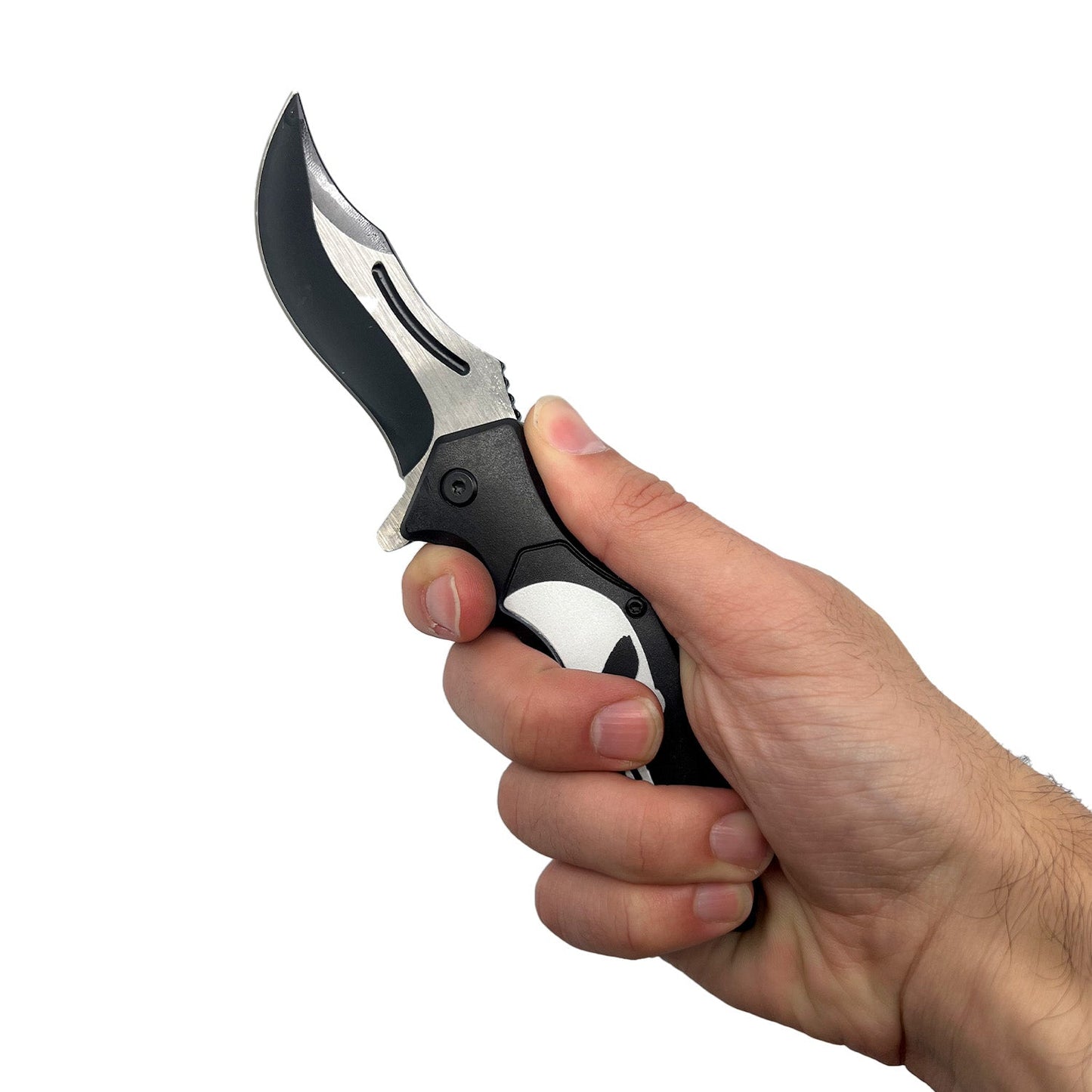Someone holding Spring Assisted Punisher Skull Knife – tactical folding knife featuring a 3.5" stainless steel blade, spring-assisted opening, and a handle adorned with a Punisher skull emblem, combining functionality with a bold design, in white background.