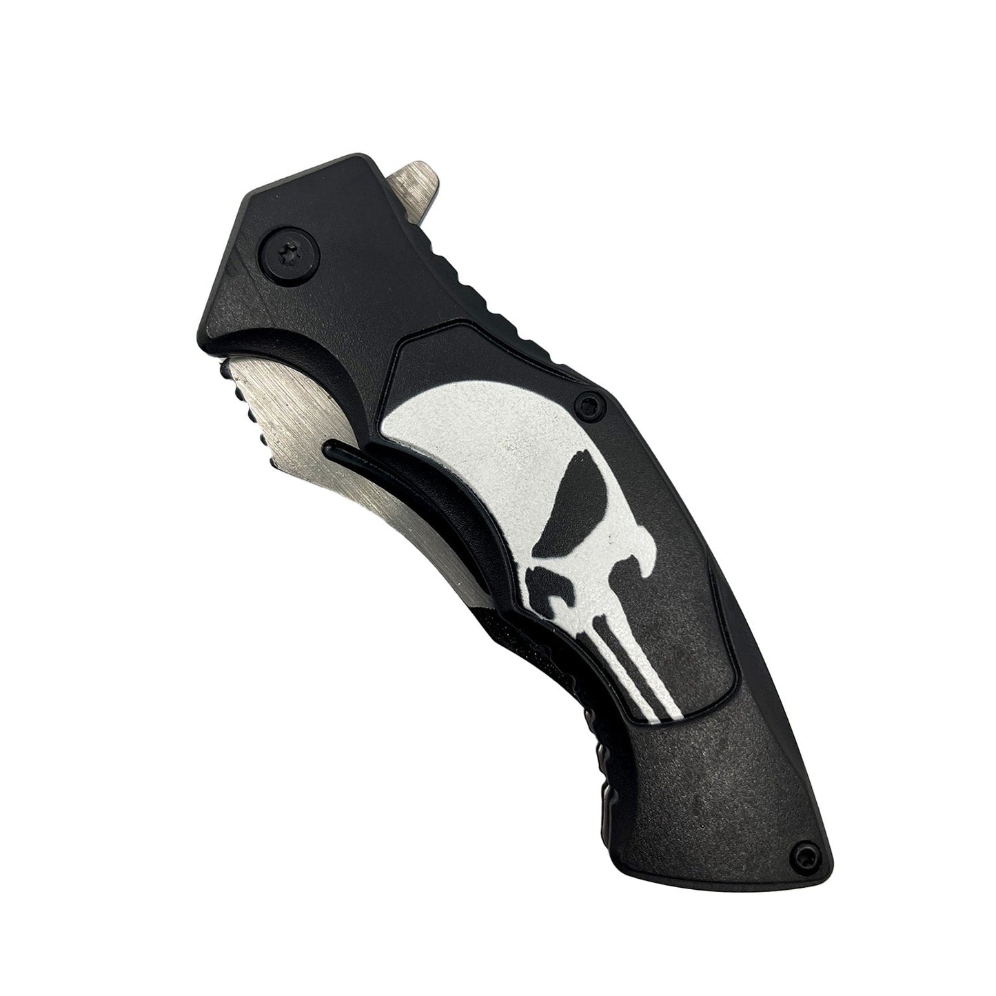 Spring Assisted Punisher Skull Knife – tactical folding knife featuring a 3.5" stainless steel blade, spring-assisted opening, and a handle adorned with a Punisher skull emblem, combining functionality with a bold design, in white background.