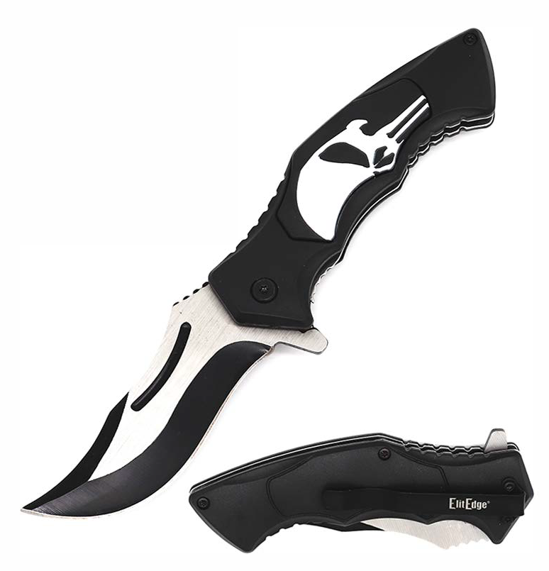 Spring Assisted Punisher Skull Knife – tactical folding knife featuring a 3.5" stainless steel blade, spring-assisted opening, and a handle adorned with a Punisher skull emblem, combining functionality with a bold design, in white background.