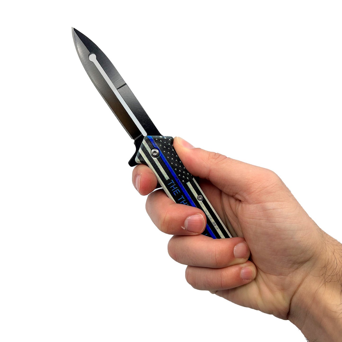 Someone holding Stiletto Spring Assisted Steel Folding Knife – classic-style folding knife featuring a slender stainless steel blade, spring-assisted opening mechanism, and a sleek handle design for everyday carry and collection, in white background.