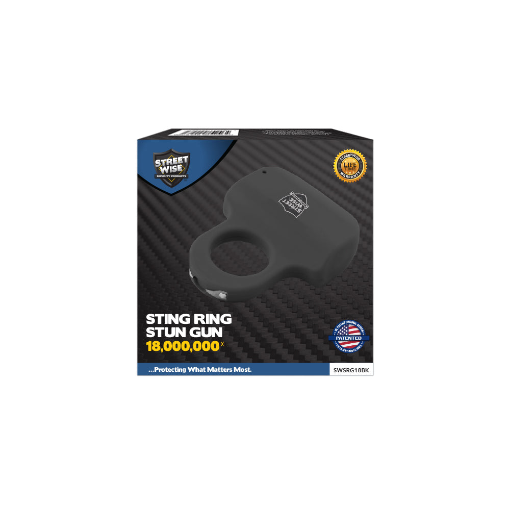 Product box for Sting Ring 18,000,000 Stun Gun - discreet and ergonomic stun device designed to fit around your fingers for quick, powerful self-defense, in white background.