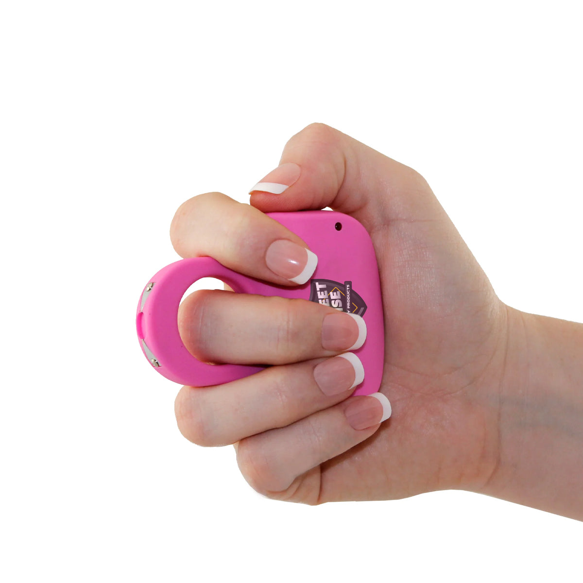 Someone holding Sting Ring 18,000,000 Stun Gun - discreet and ergonomic stun device designed to fit around your fingers for quick, powerful self-defense, in white background.