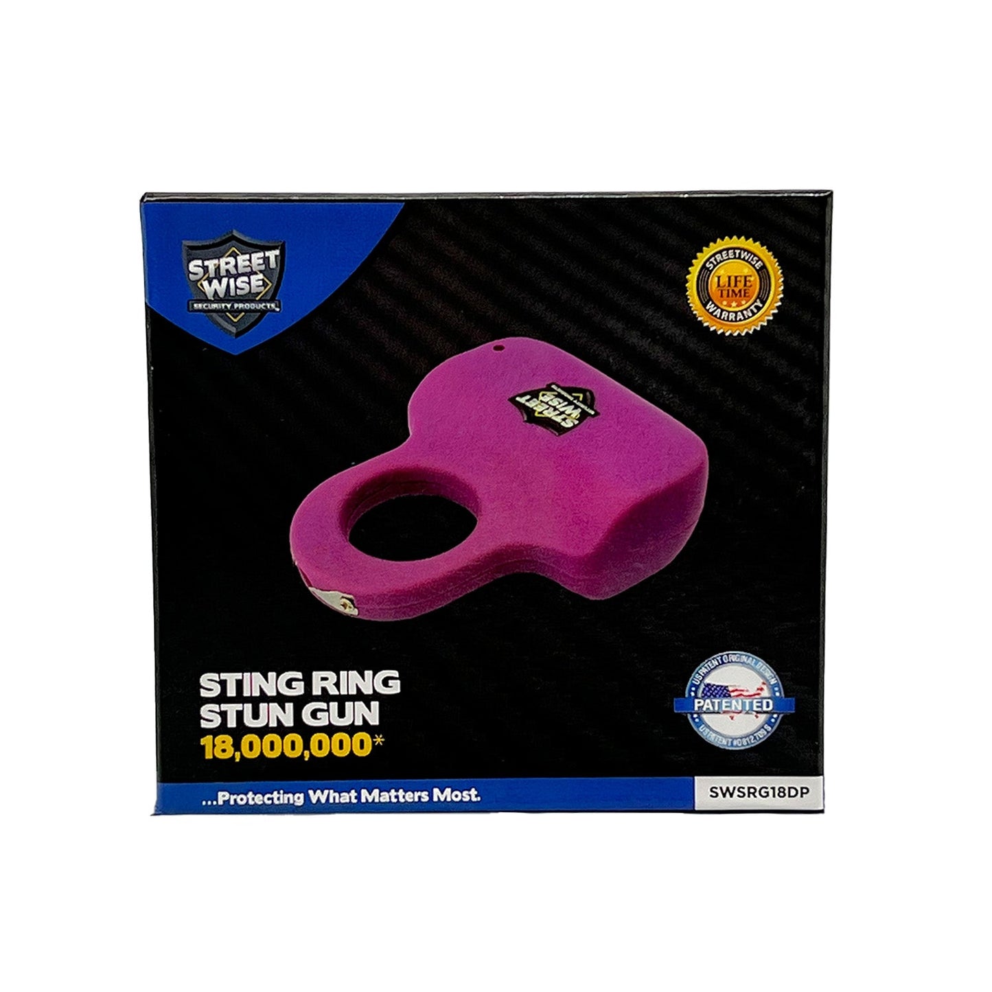 Product box for Sting Ring 18,000,000 Stun Gun - discreet and ergonomic stun device designed to fit around your fingers for quick, powerful self-defense, in white background.