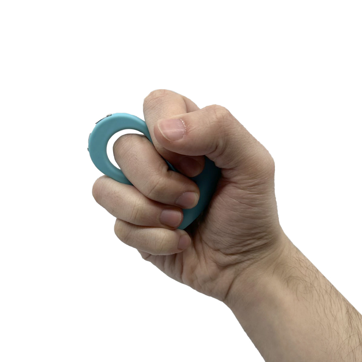 Someone holding Sting Ring 18,000,000 Stun Gun - discreet and ergonomic stun device designed to fit around your fingers for quick, powerful self-defense, in white background.