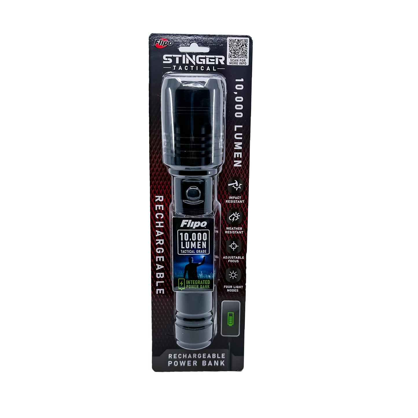 Package for Stinger™ Tactical Lumen Rechargeable Flashlight – durable aircraft-grade aluminum flashlight offering high lumen output (up to 6000 lm) and USB charging, with an ergonomic grip and water-resistant design for tactical and outdoor use, in white background.