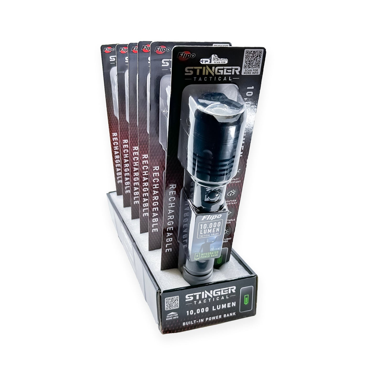 Packages of Stinger™ Tactical Lumen Rechargeable Flashlight – durable aircraft-grade aluminum flashlight offering high lumen output (up to 6000 lm) and USB charging, with an ergonomic grip and water-resistant design for tactical and outdoor use, in white background.