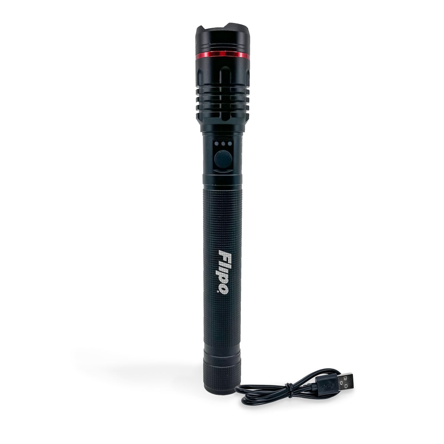 Stinger™ Tactical Lumen Rechargeable Flashlight – durable aircraft-grade aluminum flashlight offering high lumen output (up to 6000 lm) and USB charging, with an ergonomic grip and water-resistant design for tactical and outdoor use, in white background.