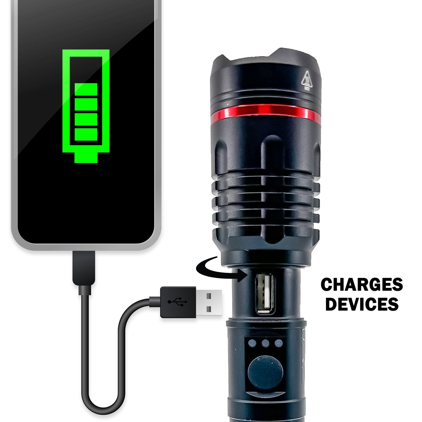Stinger™ Tactical Lumen Rechargeable Flashlight – durable aircraft-grade aluminum flashlight offering high lumen output (up to 6000 lm) and USB charging, with an ergonomic grip and water-resistant design for tactical and outdoor use, with charger, in white background.