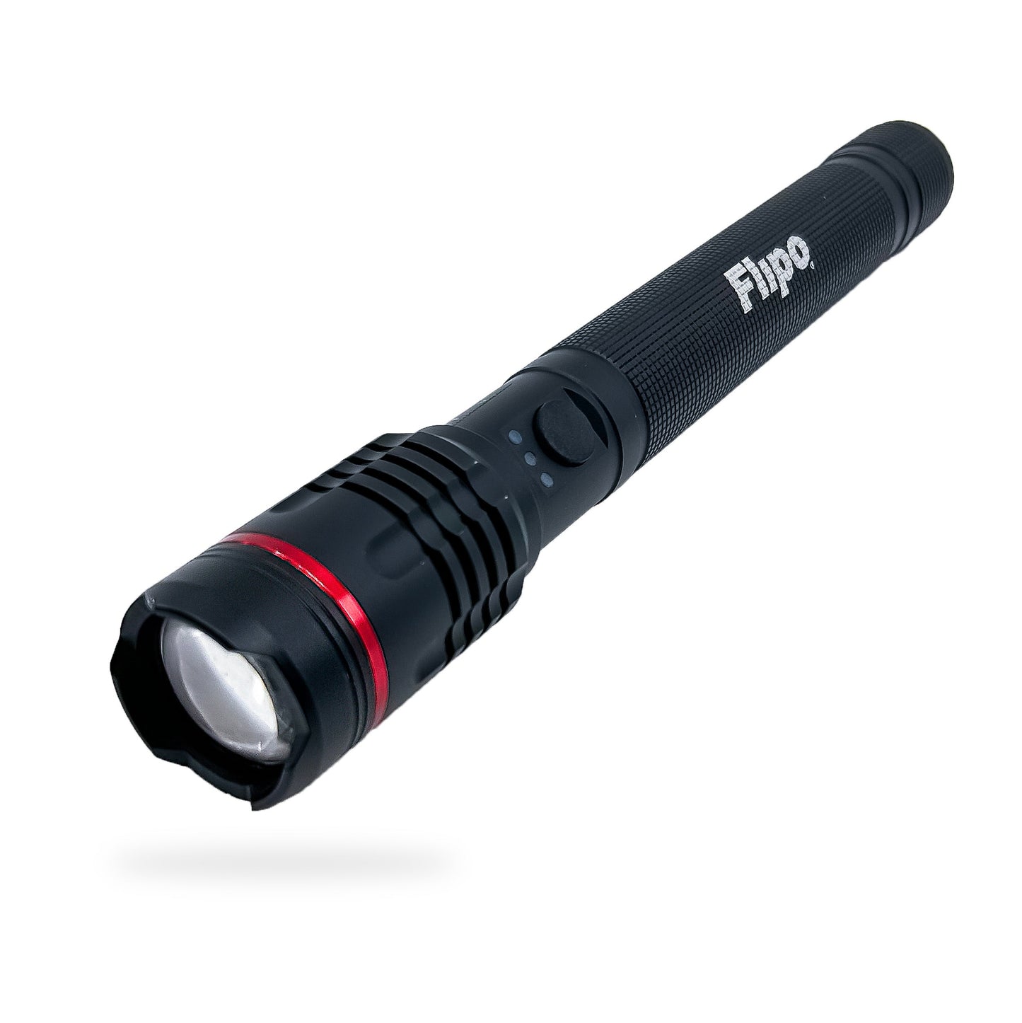 Stinger™ Tactical Lumen Rechargeable Flashlight – durable aircraft-grade aluminum flashlight offering high lumen output (up to 6000 lm) and USB charging, with an ergonomic grip and water-resistant design for tactical and outdoor use, in white background.
