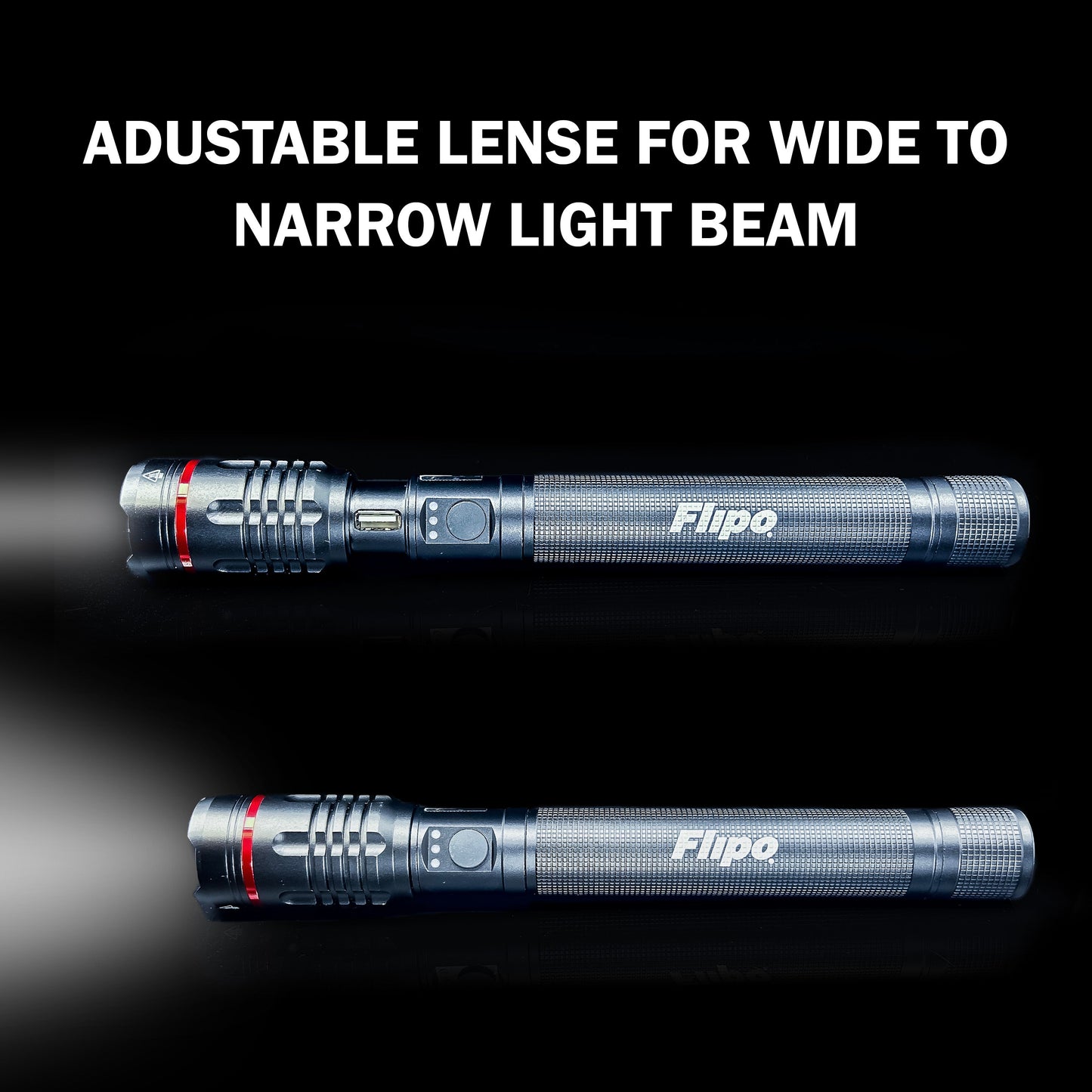 Features of Stinger™ Tactical Lumen Rechargeable Flashlight – durable aircraft-grade aluminum flashlight offering high lumen output (up to 6000 lm) and USB charging, with an ergonomic grip and water-resistant design for tactical and outdoor use., in dark background.