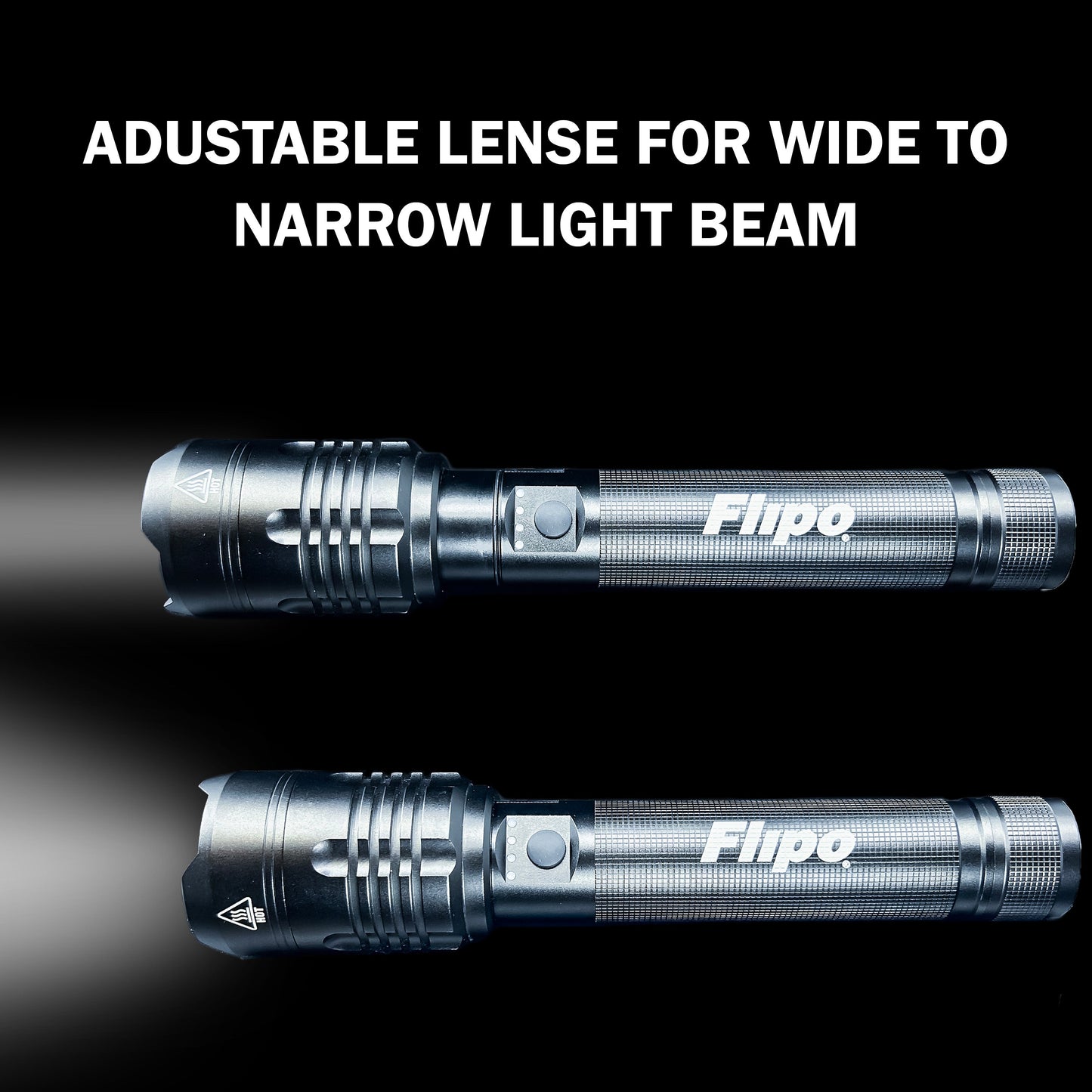 Features of Stinger™ Tactical Lumen Rechargeable Flashlight – durable aircraft-grade aluminum flashlight offering high lumen output (up to 6000 lm) and USB charging, with an ergonomic grip and water-resistant design for tactical and outdoor use., in dark background.
