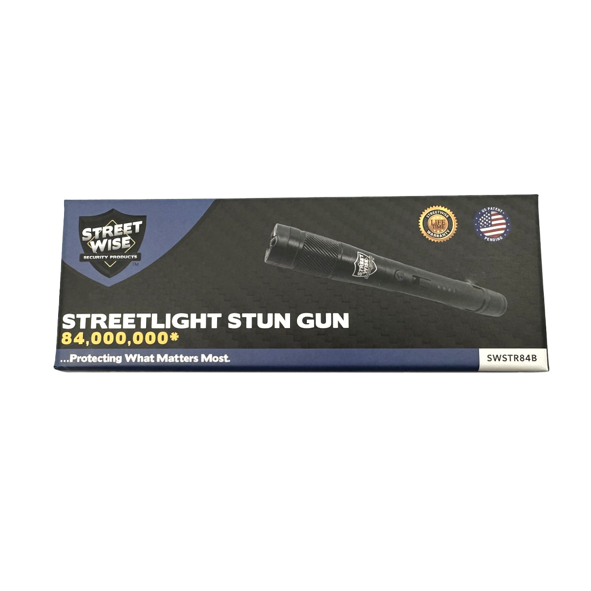 Product box for Streetlight Stun Gun 84,000,000 – high-voltage stun gun disguised as a streetlight-style flashlight, combining powerful self-defense capability with practical illumination for everyday protection, in white background.