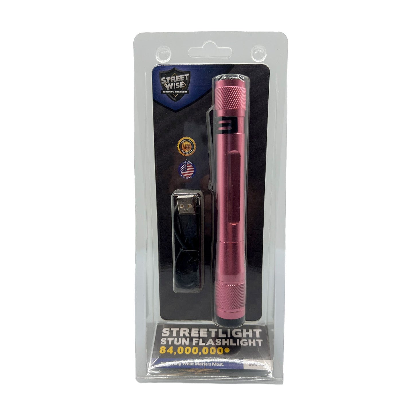 Package for Streetlight Stun Gun 84,000,000 – high-voltage stun gun disguised as a streetlight-style flashlight, combining powerful self-defense capability with practical illumination for everyday protection, in white background.