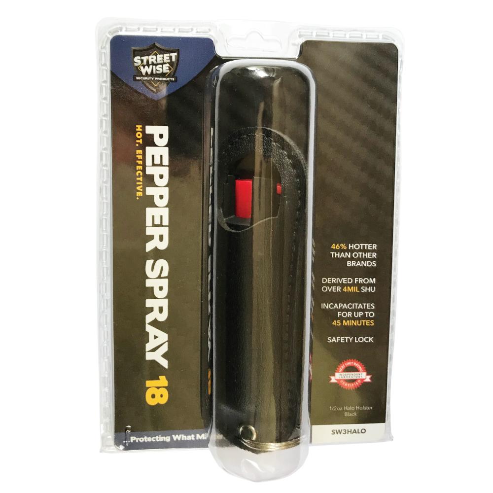 Streetwise 18 Pepper Spray 0.5 oz Halo keychain design - compact self-defense solution, on white background.