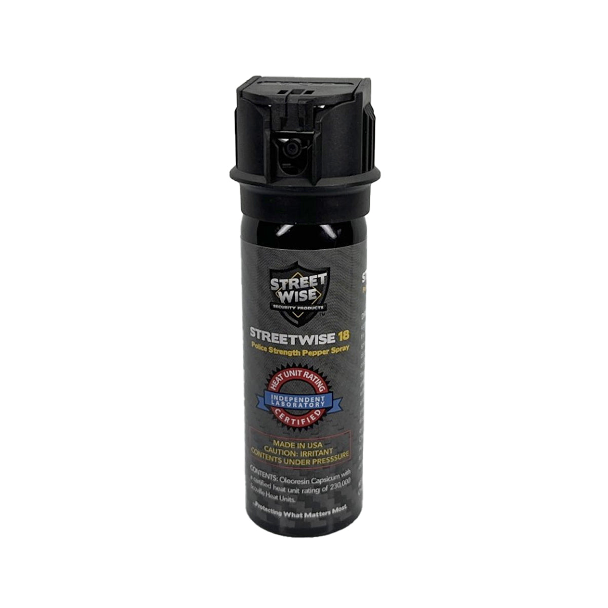 Streetwise 18 pepper spray, 3oz flip-top design, effective personal defense tool, on a white background.