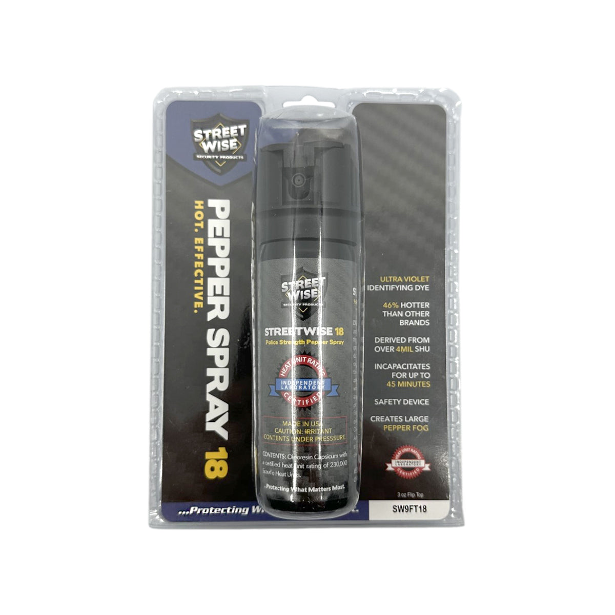 Streetwise 18 pepper spray, 3oz flip-top design, effective personal defense tool, on a white background.