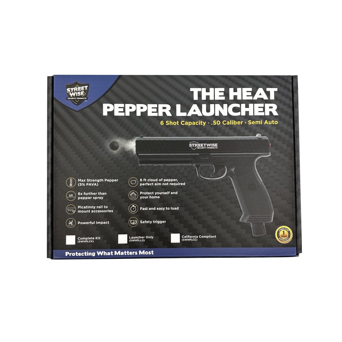 Product box for Streetwise “The HEAT” Pepper Launcher – semi-automatic .50 caliber pepper ball and projectile launcher powered by a 12g CO₂ cartridge; holds six rounds and fires pepper or rubber balls at nearly 500 ft/s for up to 60 ft range—includes Picatinny rail, safety trigger, and optional flashlight/laser accessories, in white background.