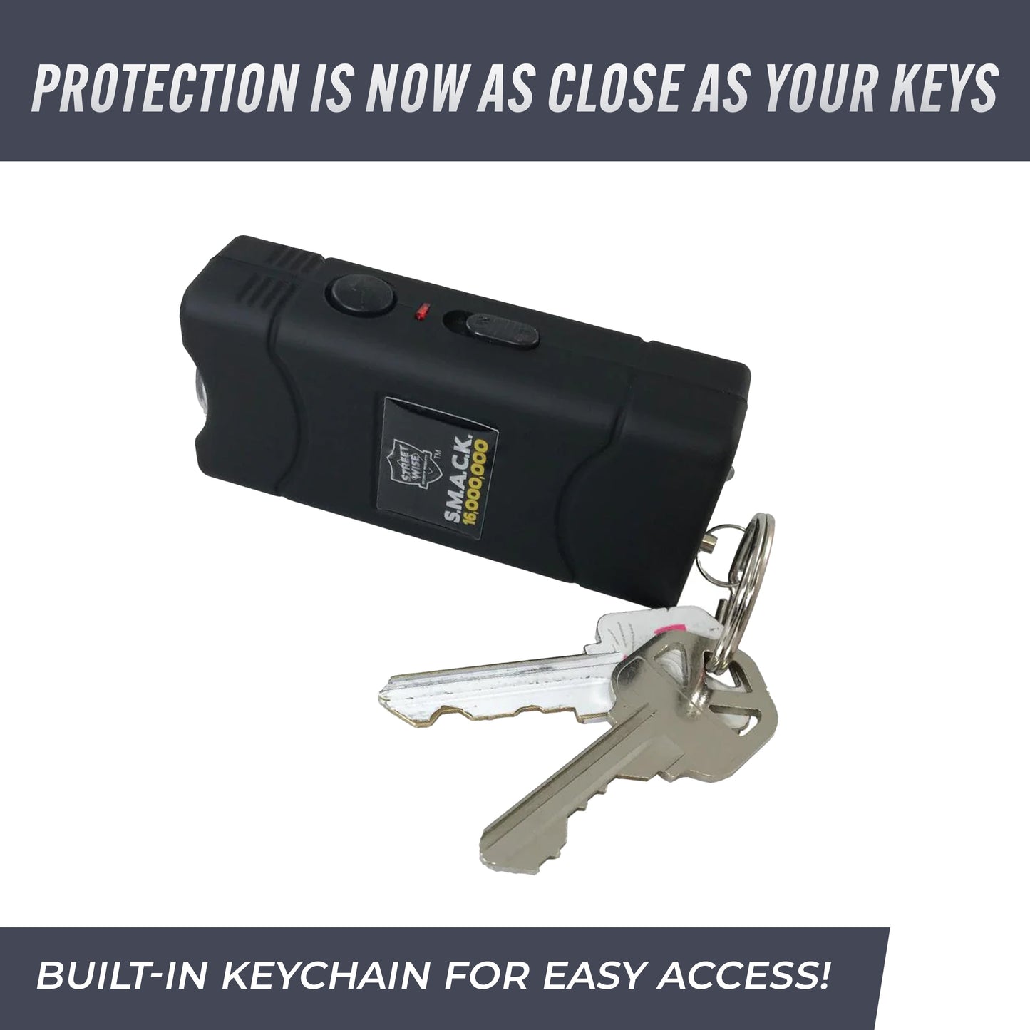 Streetwise Self‑Defense Keychain Combo – compact personal safety tool that combines a loud 130 dB alarm, LED flashlight, and shock delivery device on a keychain, designed for convenient everyday carry and quick access in emergencies, in white background.