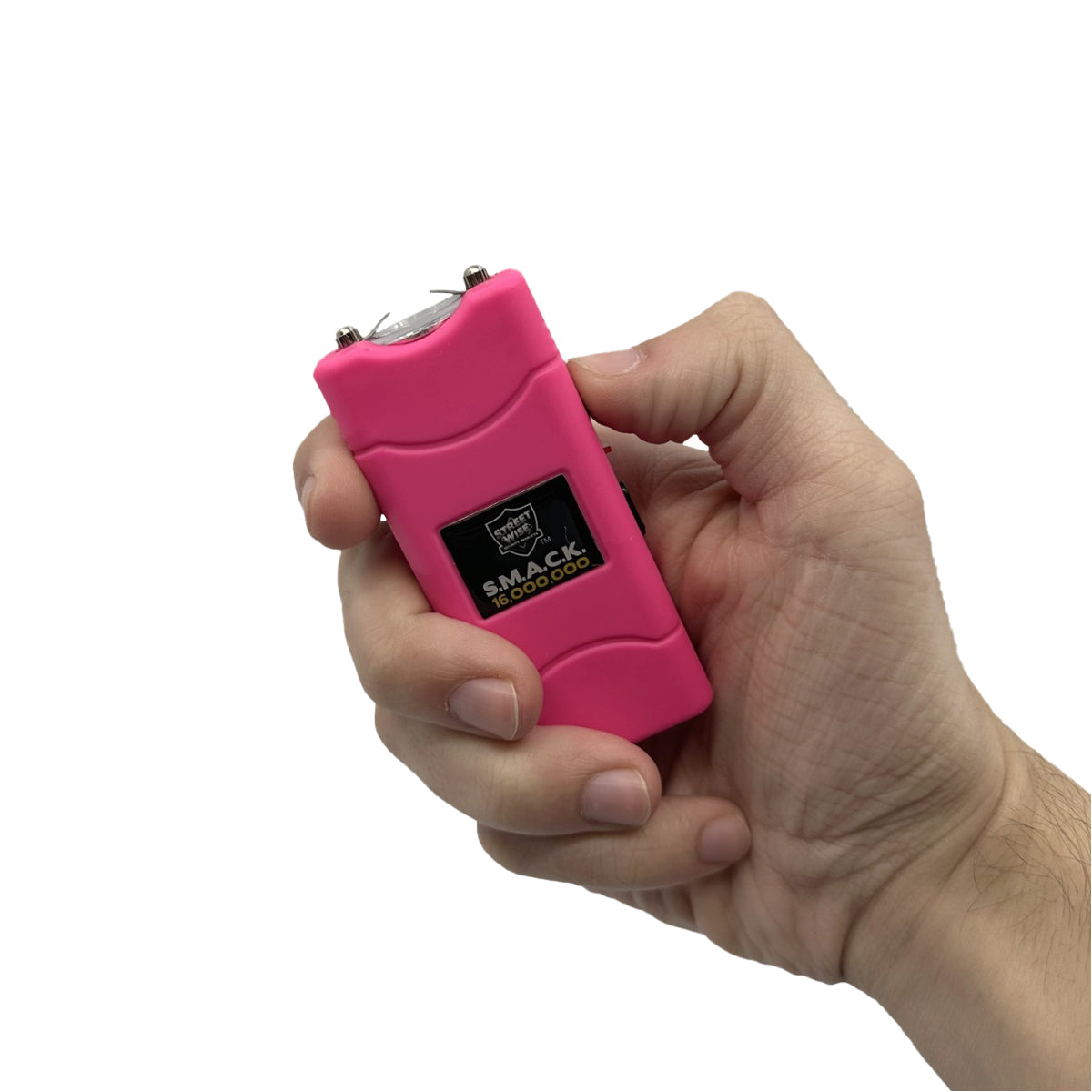 Someone holding Streetwise Self‑Defense Keychain Combo – compact personal safety tool that combines a loud 130 dB alarm, LED flashlight, and shock delivery device on a keychain, designed for convenient everyday carry and quick access in emergencies, in white background.