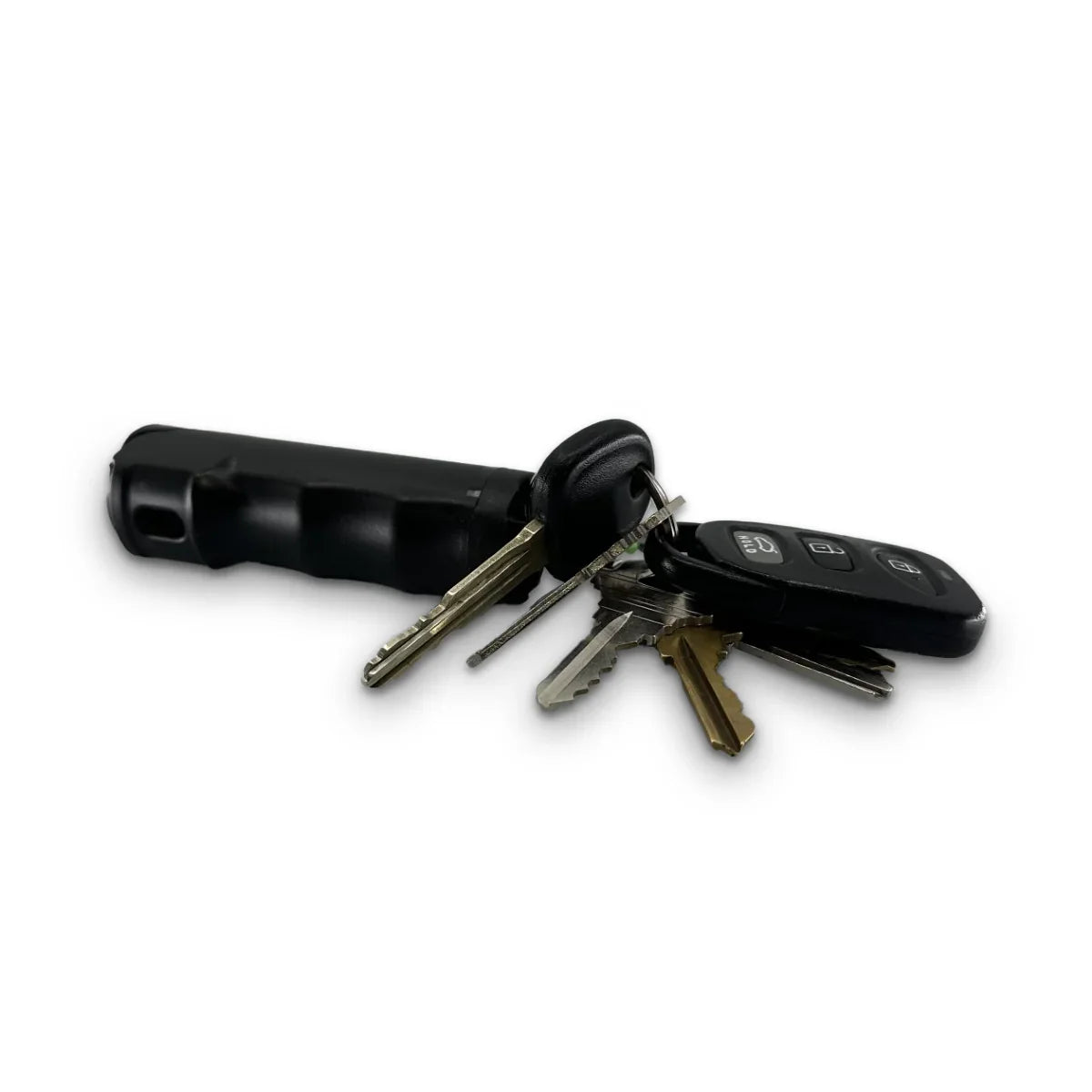 Streetwise Self‑Defense Keychain Combo – compact personal safety tool that combines a loud 130 dB alarm, LED flashlight, and shock delivery device on a keychain, designed for convenient everyday carry and quick access in emergencies, in white background.