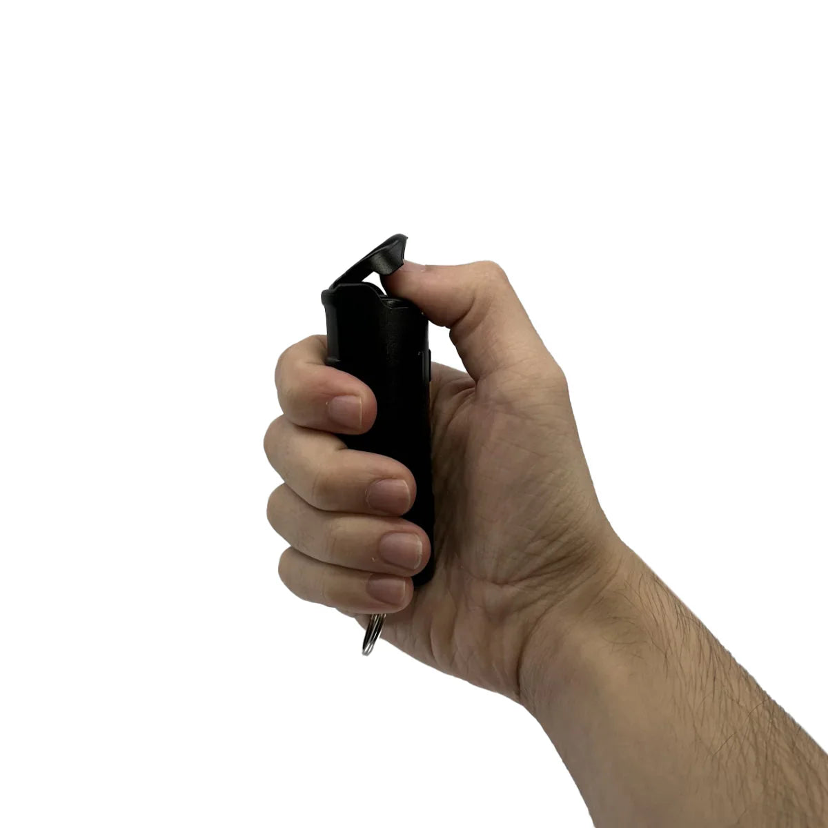 Someone holding Streetwise Self‑Defense Keychain Combo – compact personal safety tool that combines a loud 130 dB alarm, LED flashlight, and shock delivery device on a keychain, designed for convenient everyday carry and quick access in emergencies, in white background.