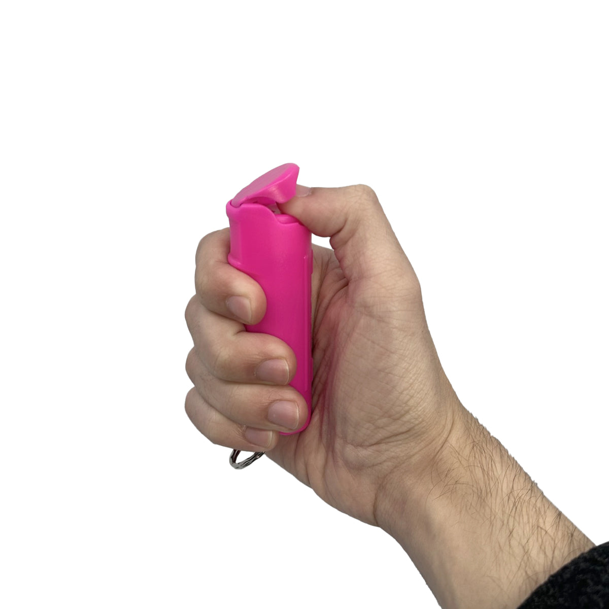 Someone holding Streetwise Self‑Defense Keychain Combo – compact personal safety tool that combines a loud 130 dB alarm, LED flashlight, and shock delivery device on a keychain, designed for convenient everyday carry and quick access in emergencies, in white background.