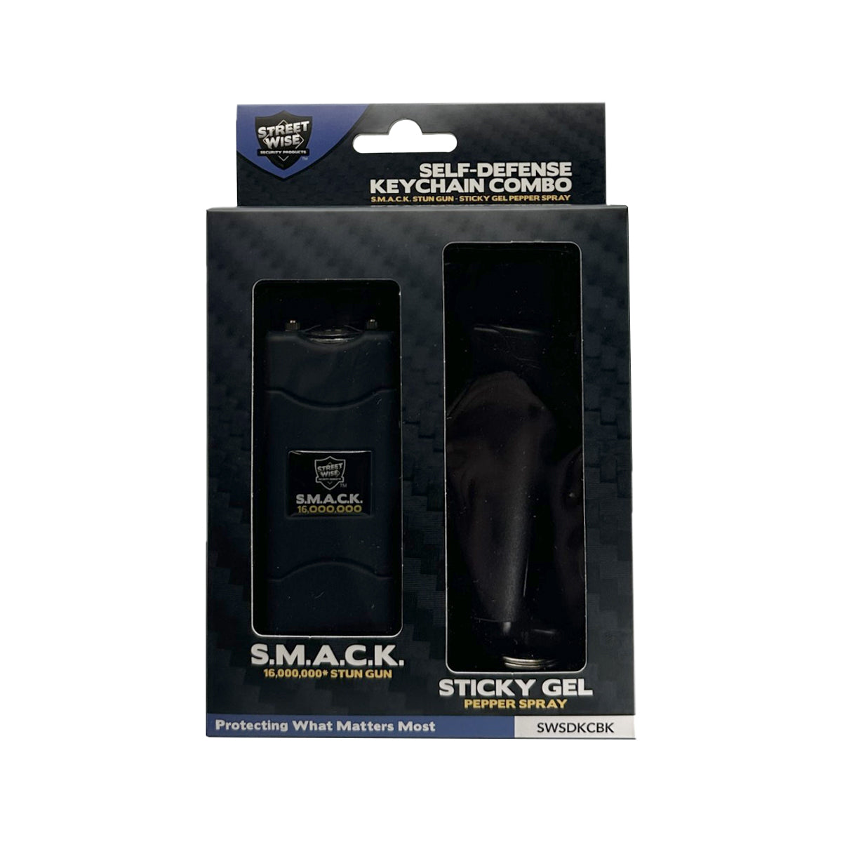 Product box for Streetwise Self‑Defense Keychain Combo – compact personal safety tool that combines a loud 130 dB alarm, LED flashlight, and shock delivery device on a keychain, designed for convenient everyday carry and quick access in emergencies, white background.