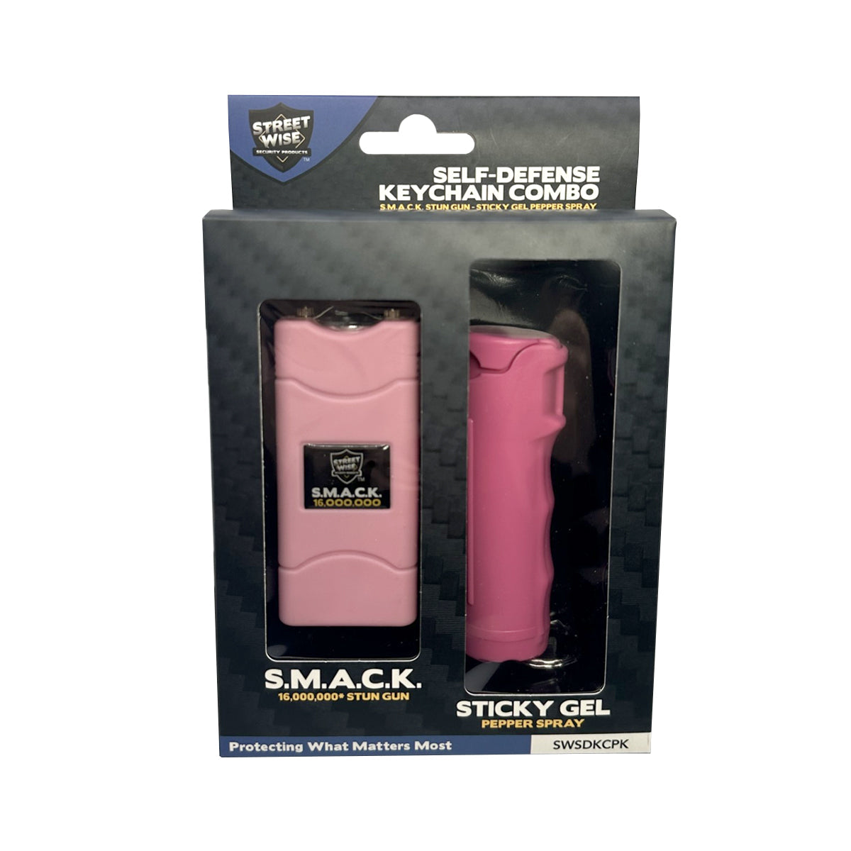 Product box for Streetwise Self‑Defense Keychain Combo – compact personal safety tool that combines a loud 130 dB alarm, LED flashlight, and shock delivery device on a keychain, designed for convenient everyday carry and quick access in emergencies, in white background.