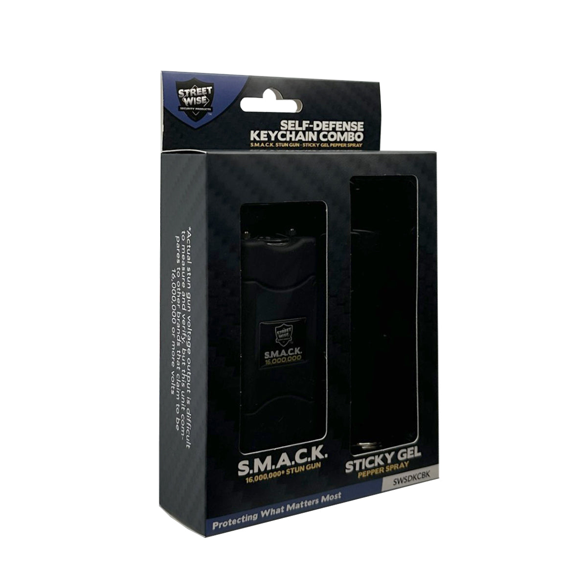 Product box for Streetwise Self‑Defense Keychain Combo – compact personal safety tool that combines a loud 130 dB alarm, LED flashlight, and shock delivery device on a keychain, designed for convenient everyday carry and quick access in emergencies, in white background.