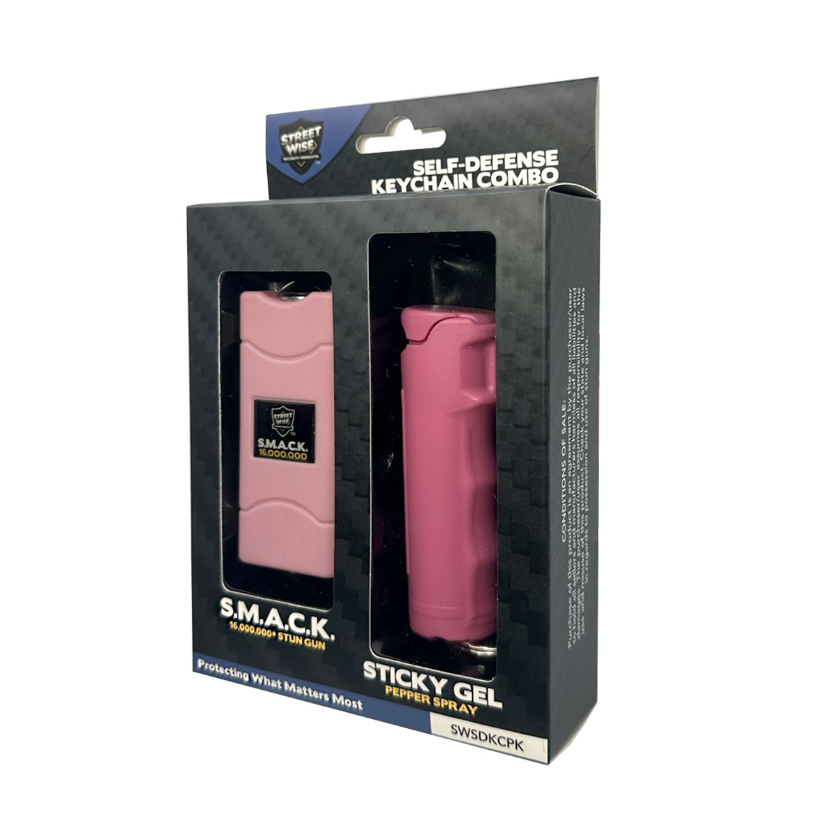 Product box for Streetwise Self‑Defense Keychain Combo – compact personal safety tool that combines a loud 130 dB alarm, LED flashlight, and shock delivery device on a keychain, designed for convenient everyday carry and quick access in emergencies, in white background.