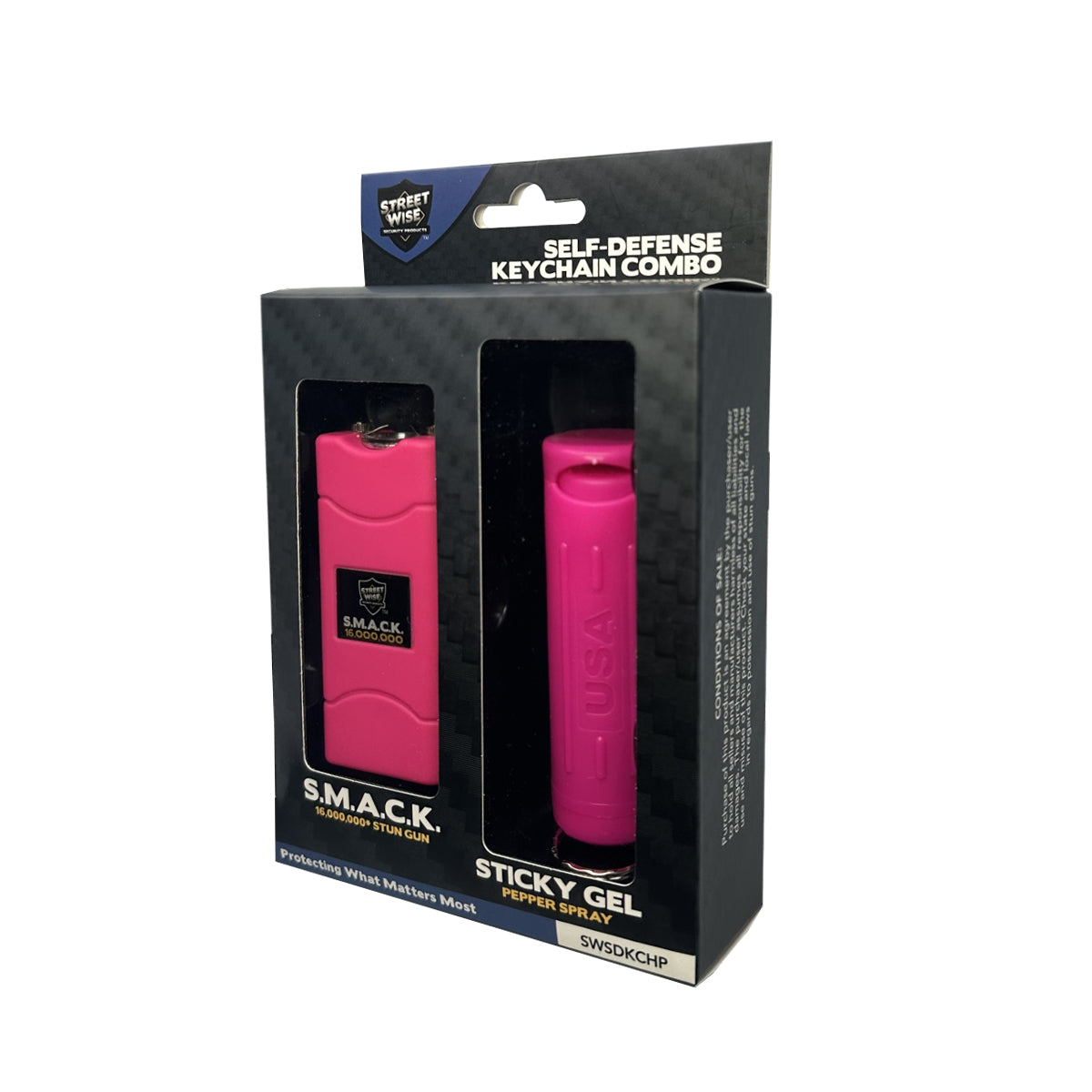 Product box for Streetwise Self‑Defense Keychain Combo – compact personal safety tool that combines a loud 130 dB alarm, LED flashlight, and shock delivery device on a keychain, designed for convenient everyday carry and quick access in emergencies, in white background.