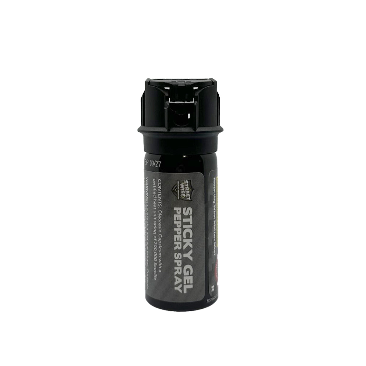 Streetwise Sticky Gel Pepper Spray – police-strength gel formula that adheres to the target for extended effect, wind-resistant, flips-top safety, 4 oz canister with up to 15 ft range, and includes dye for identification, in white background.