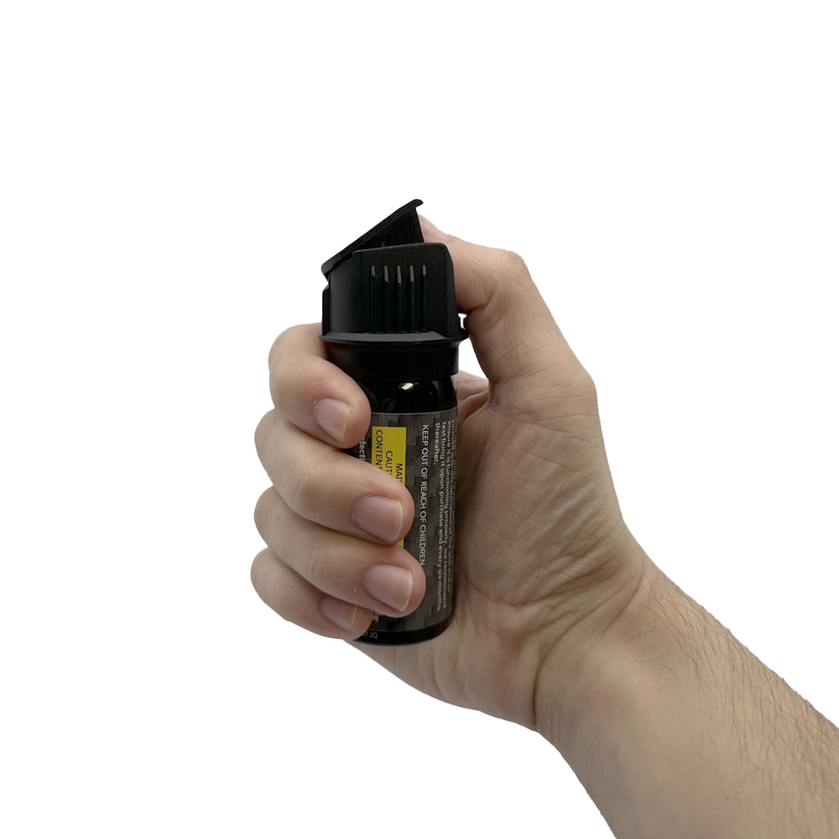 Someone holding Streetwise Sticky Gel Pepper Spray – police-strength gel formula that adheres to the target for extended effect, wind-resistant, flips-top safety, 4 oz canister with up to 15 ft range, and includes dye for identification, in white background.