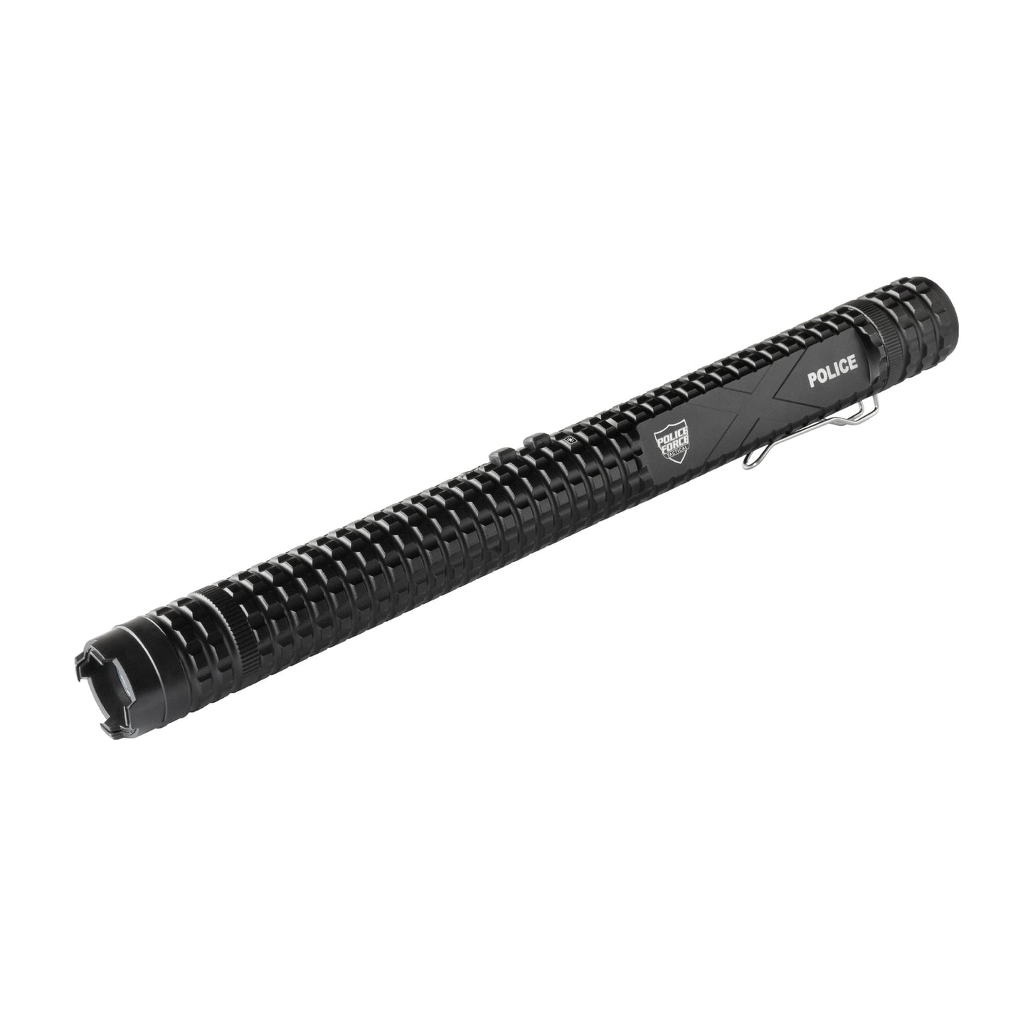Tactical 12,000,000 Stun Baton Flashlight - rugged self-defense tool combining a powerful stun gun and bright tactical flashlight for maximum protection and reach, in white background.