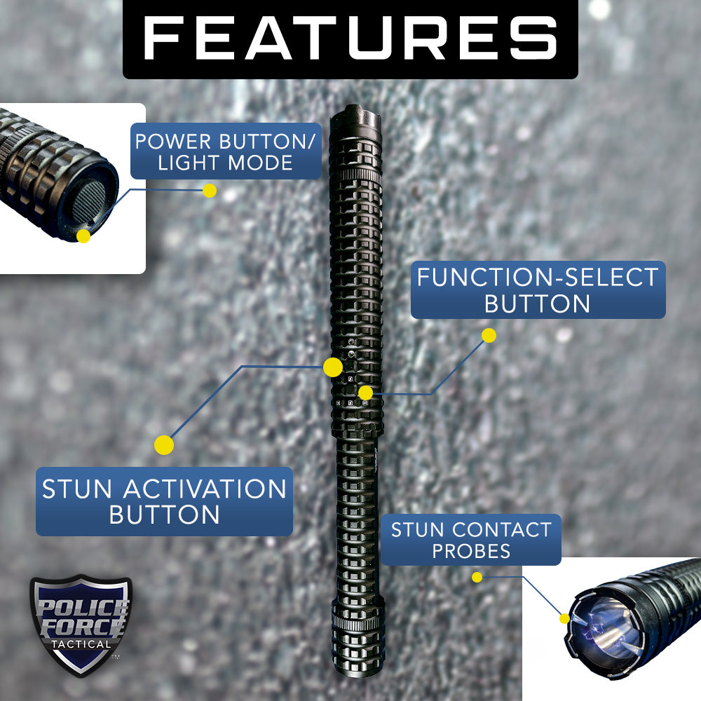 Features of Tactical 12,000,000 Stun Baton Flashlight - rugged self-defense tool combining a powerful stun gun and bright tactical flashlight for maximum protection and reach.