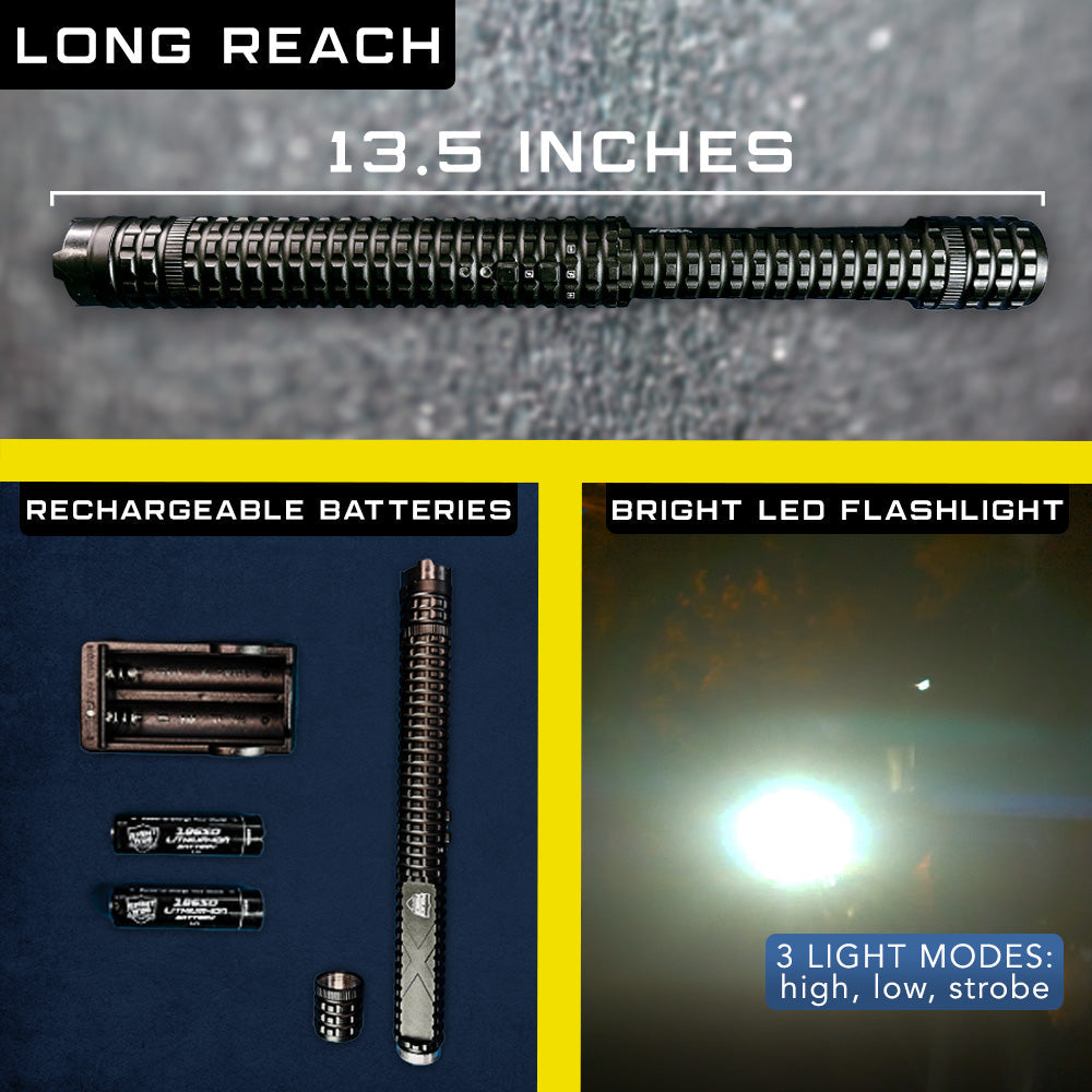 Features of Tactical 12,000,000 Stun Baton Flashlight - rugged self-defense tool combining a powerful stun gun and bright tactical flashlight for maximum protection and reach.