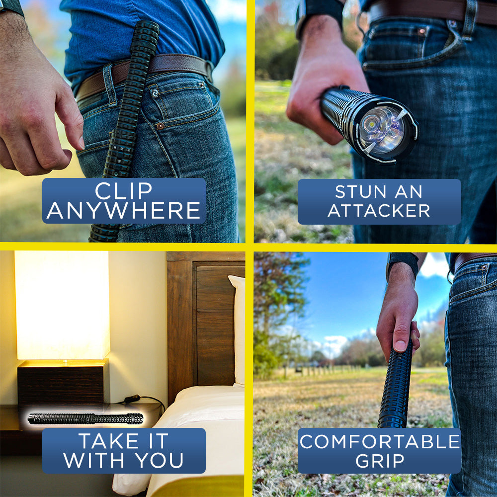 Features of Tactical 12,000,000 Stun Baton Flashlight - rugged self-defense tool combining a powerful stun gun and bright tactical flashlight for maximum protection and reach.