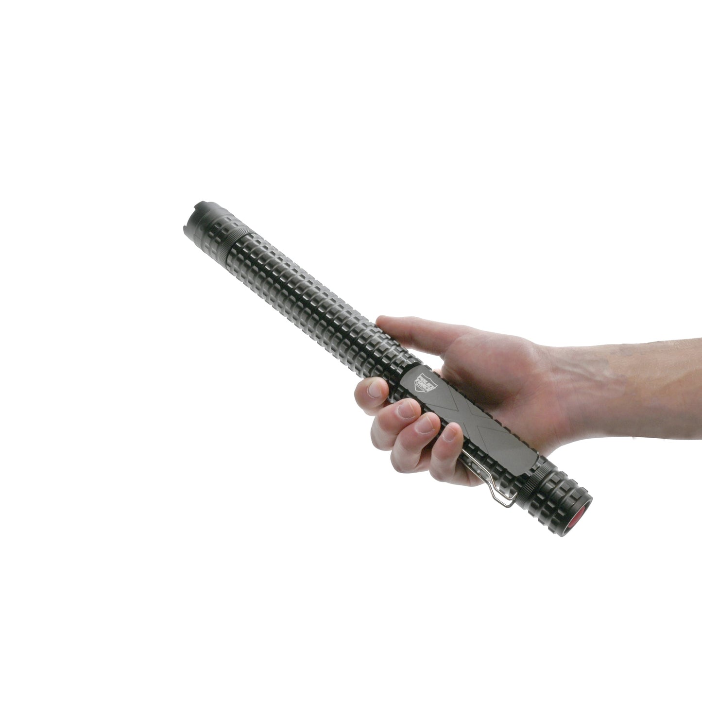 Someone holding Tactical 12,000,000 Stun Baton Flashlight - rugged self-defense tool combining a powerful stun gun and bright tactical flashlight for maximum protection and reach, in white background.