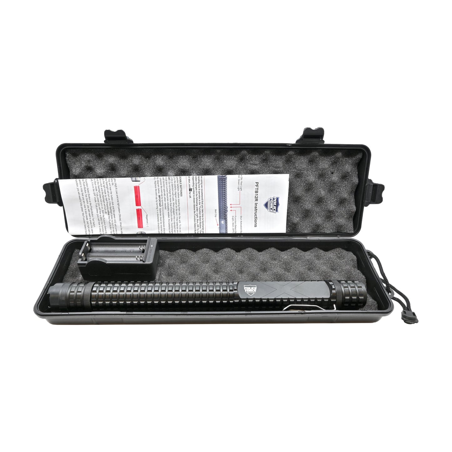 Product case for Tactical 12,000,000 Stun Baton Flashlight - rugged self-defense tool combining a powerful stun gun and bright tactical flashlight for maximum protection and reach, in white background.