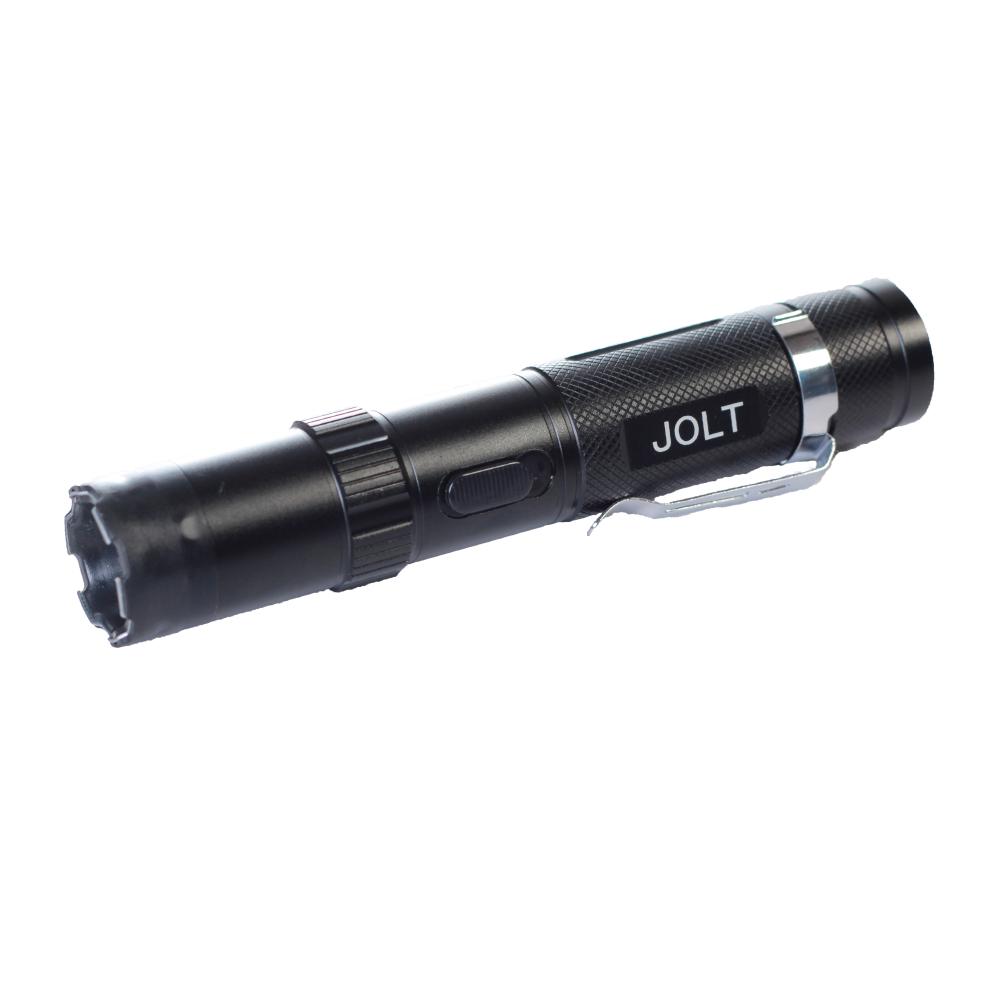 Tactical 75,000,000 Stun Flashlight - extremely powerful self-defense flashlight with high-voltage stun capability, designed for tactical reliability and protection, in white background.