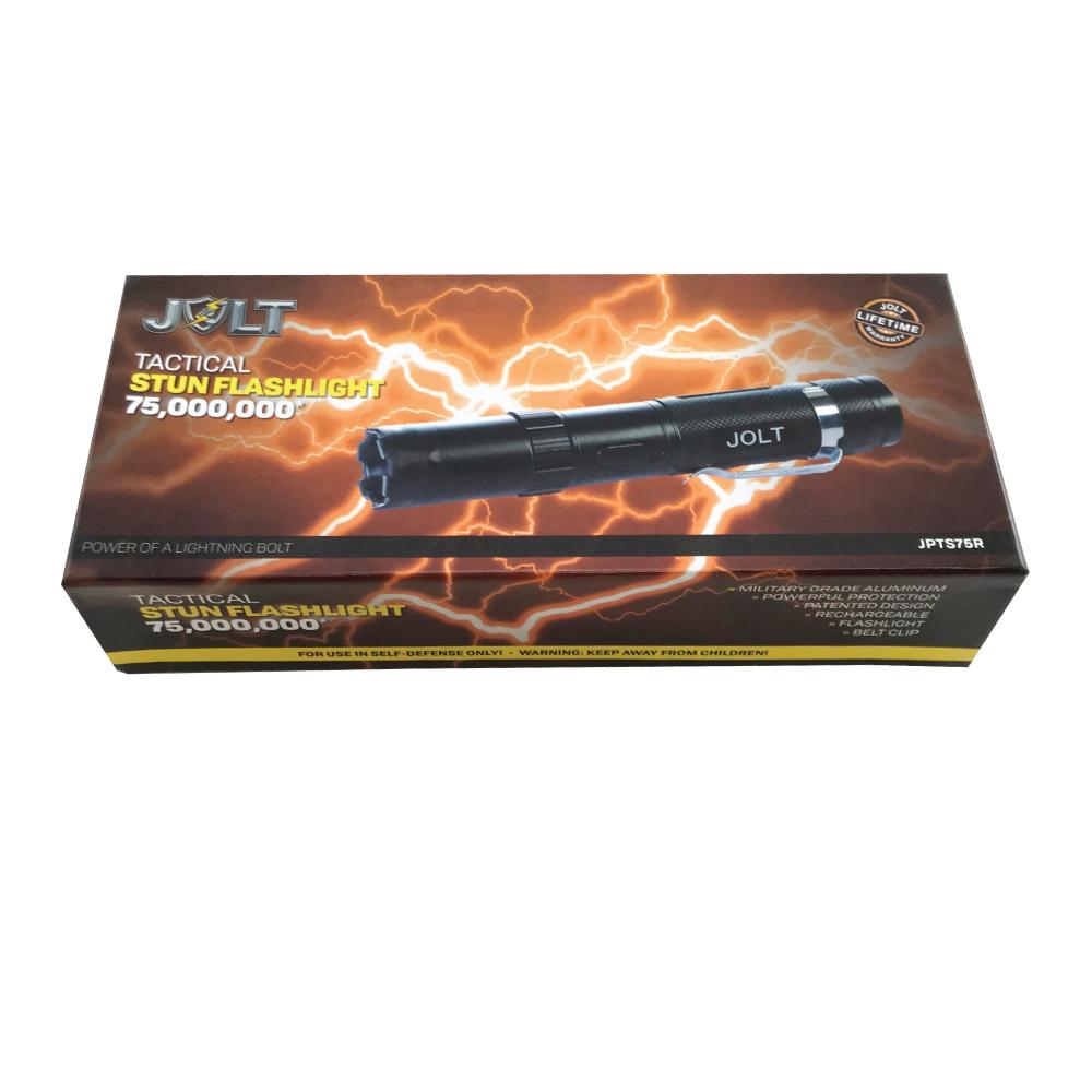 Product box for Tactical 75,000,000 Stun Flashlight - extremely powerful self-defense flashlight with high-voltage stun capability, designed for tactical reliability and protection, in white background.
