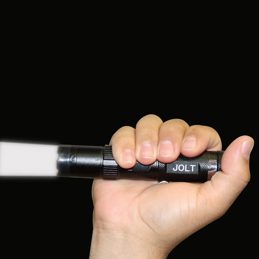 Someone holding Tactical 75,000,000 Stun Flashlight - extremely powerful self-defense flashlight with high-voltage stun capability, designed for tactical reliability and protection, in black background.